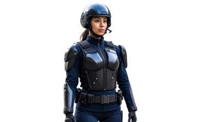 Futuristic robot police officer patrolling smart city isolated on transparent background. Png