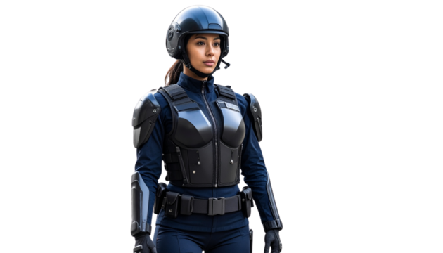 Futuristic robot police officer patrolling smart city isolated on transparent background. Png