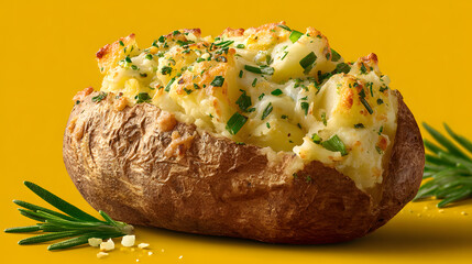 Delicious baked potato with toppings and rosemary herb on yellow background