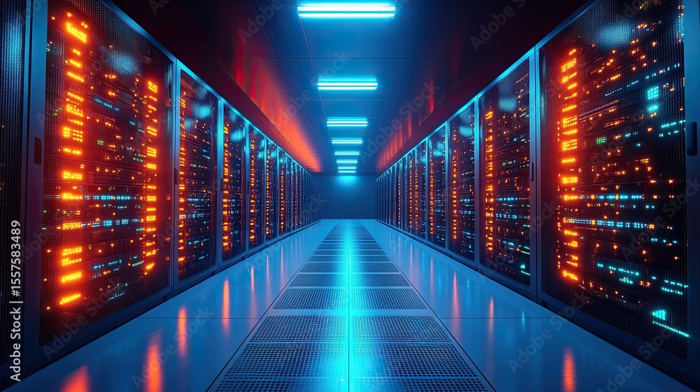 Aufkleber data center server racks with glowing lights representing cloud computing, digital storage, and onli