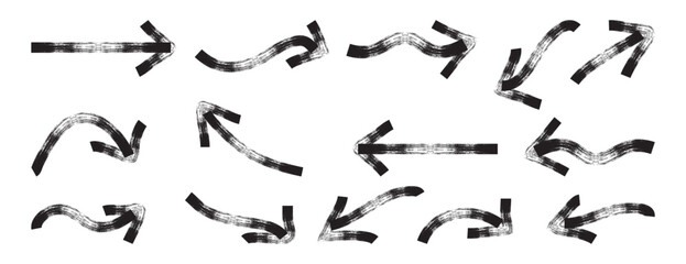 hand drawn brush arrows set – bold paint stroke direction icons. Black arrows white background. 