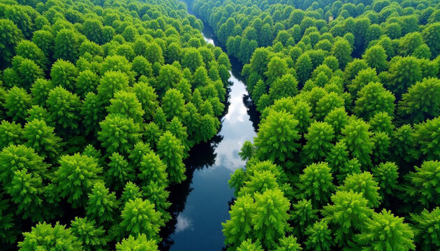 Aerial view of a vibrant green forest with a river meandering through the lush treescape