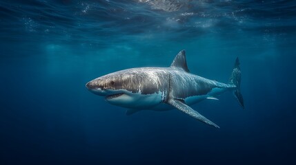 Great white shark swims ocean