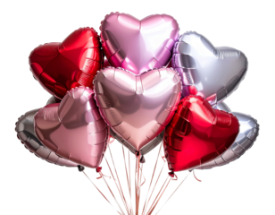Cluster of Heart-Shaped Foil Balloons in Romantic Colors, isolated on transparent background.