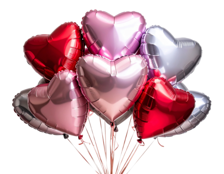 Cluster of Heart-Shaped Foil Balloons in Romantic Colors, isolated on transparent background.