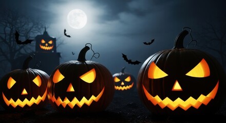 Spooky Halloween Night With Jack O Lanterns And Bats