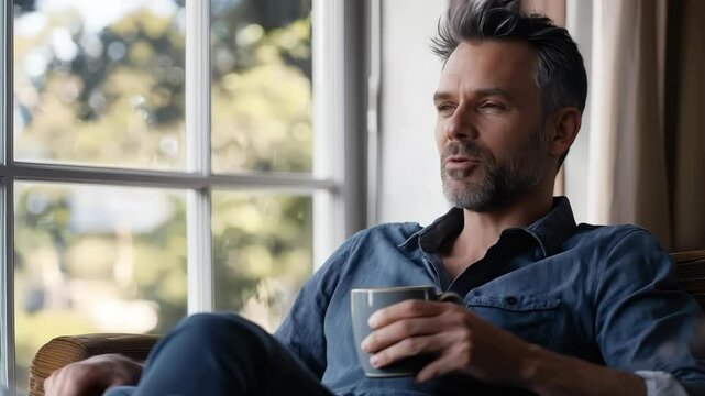A relaxed man enjoys a warm drink while sitting by a window, showcasing a moment of peace and contentment in a cozy setting.