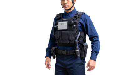 Futuristic robot police officer patrolling smart city isolated on transparent background.