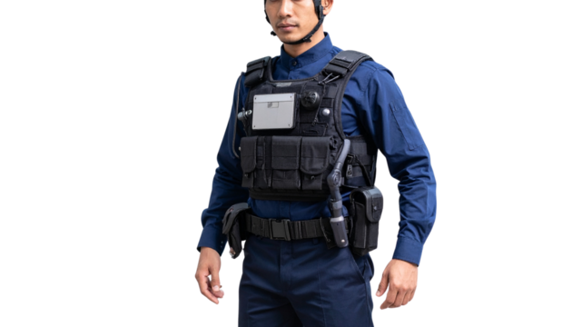 Futuristic robot police officer patrolling smart city isolated on transparent background. 
