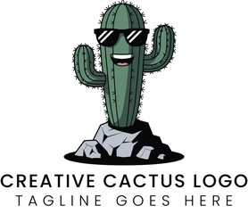 A cool cartoon cactus character stands on rocks wearing sunglasses smiling sweetly