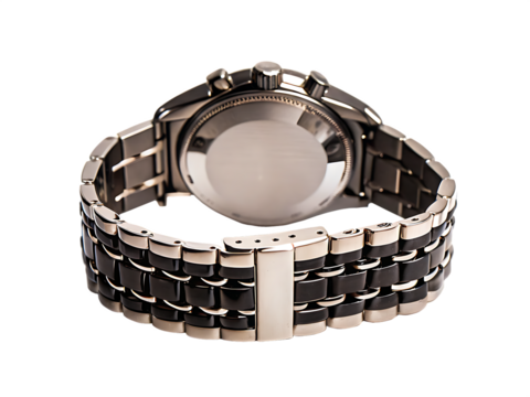 a close up of a luxury black an silver wristwatch isolated on white background PNG, ai generated