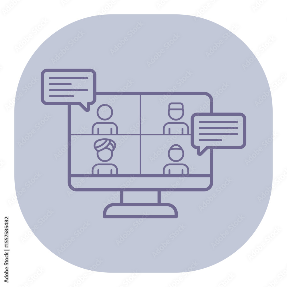 Poster multiple participants engaged in virtual discussion using computer screen, with chat bubbles indicat