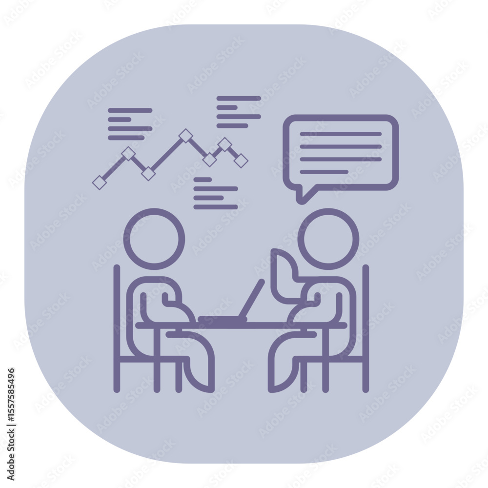Poster two individuals engaged in discussion about data analysis at table, with graphs and text appearing a