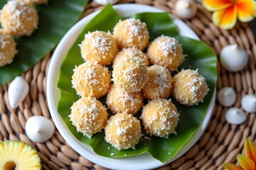 Yellow coconut balls on green leaf dessert sweet