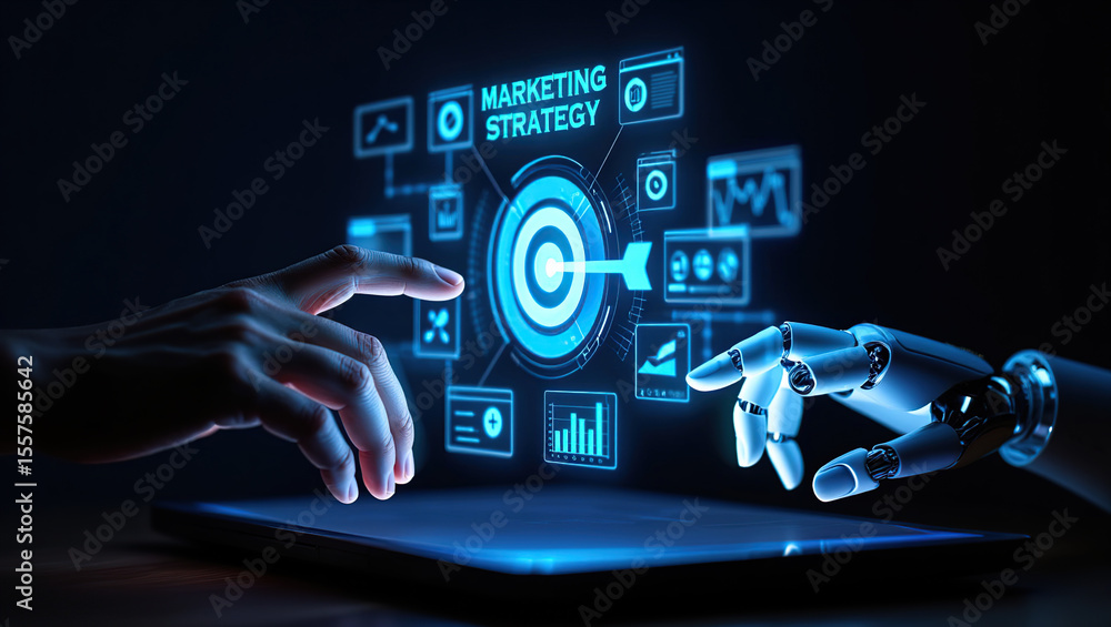 Poster marketing strategy concept with ai assistance human and robot hands interacting with digital target 