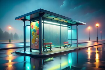 Modern Bus Stop at Night in the Rain – Urban Street Photography