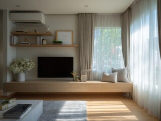 Fototapeta premium A living room with a white curtain and a wooden shelf. A television is on the shelf. A vase with flowers is on the shelf. A couch is in the room