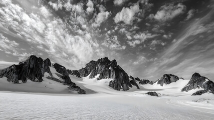 Dramatic black and white mountain landscape glacial valley snow peaks