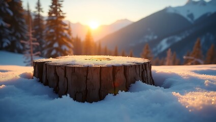 A snow covered tree stump sits in a snowy landscape with mountains in the background at sunset