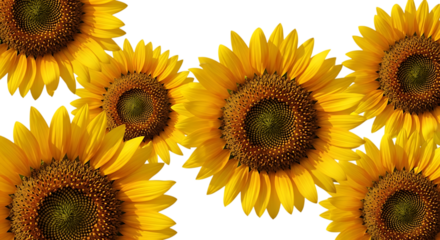 Multiple bright yellow sunflowers arranged in a pattern isolated on transparent background