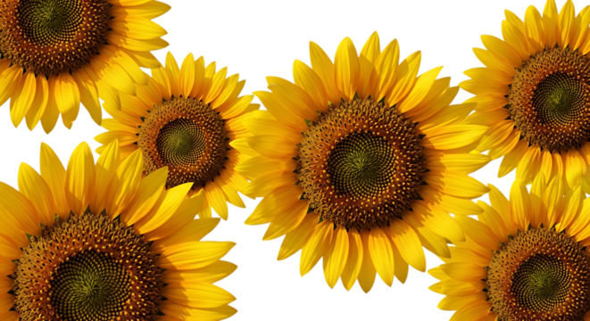 Multiple bright yellow sunflowers arranged in a pattern isolated on transparent background