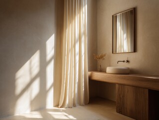 Fototapeta premium A bathroom with a sink and a mirror. The sink is white and the mirror is black. There is a window in the bathroom that lets in sunlight