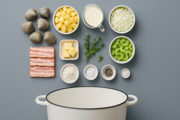 Flat lay of New England clam chowder ingredients with clams, potatoes, bacon, cream, and herbs over cool gray background, styled symmetrically for recipes