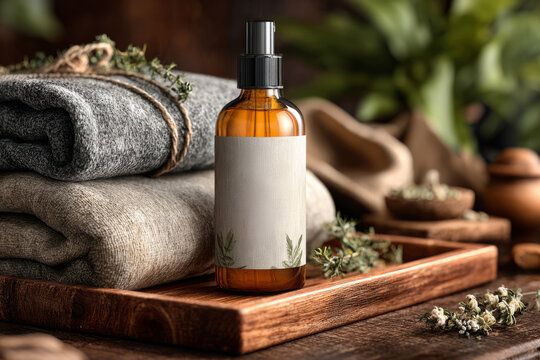 Amber glass herbal oil bottle mockup on wooden tray with linen towels