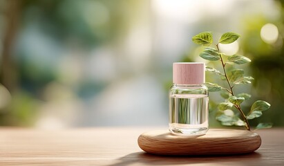 A clear glass vial with a light pink lid, filled with water and sitting on top of an oval wooden base. The background is blurred to emphasize the product. In front of it stands a green plant.