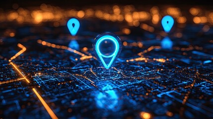Digital Map Location Pin with glowing blue map markers and digital lines illustrating navigation and location technology themes
