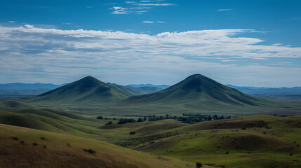 Fototapeta premium Serene green hills rolling landscape under blue sky