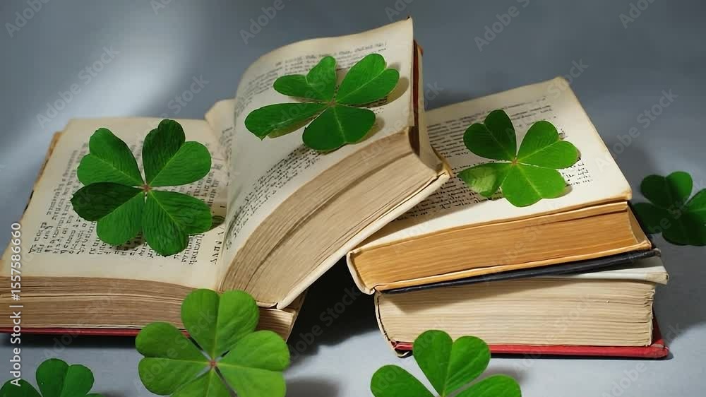 Poster stack of books with a green clover leaf on top. the books are open to the middle of the page