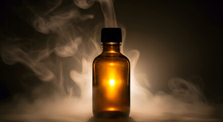 Brown glass bottle with black cap surrounded by smoke creates a moody atmosphere for pharmaceutical or cosmetic product.