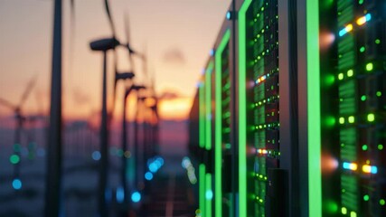 Renewable energy integration in modern data centers at sunset with sustainable wind turbines - Powered by Adobe