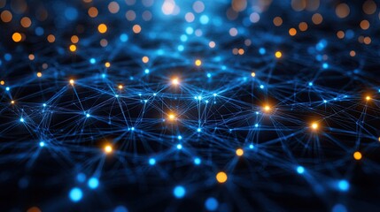 Obraz premium Digital Network Nodes Lines featuring glowing blue connected nodes and lines illustrating complex digital communication networks