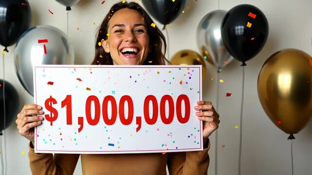 Smiling woman holds a large check for one million dollars surrounded by confetti and balloons for financial success footage.