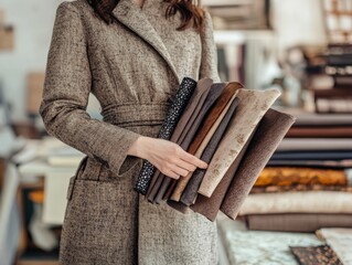 A luxury fashion consultant holding exclusive fabric samples, elegant design studio as a backdrop.