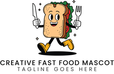 Cheerful sandwich character runs with fork and knife restaurant mascot
