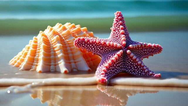 Pink starfish and seashell on the beach, summer vacation concept. Focus on ocean and natural sea life footage.