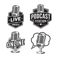 Podcast studio logos collection with vintage microphone for broadcasting