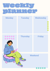 Colorful Weekly Planner with Habit Tracker and Character Illustration