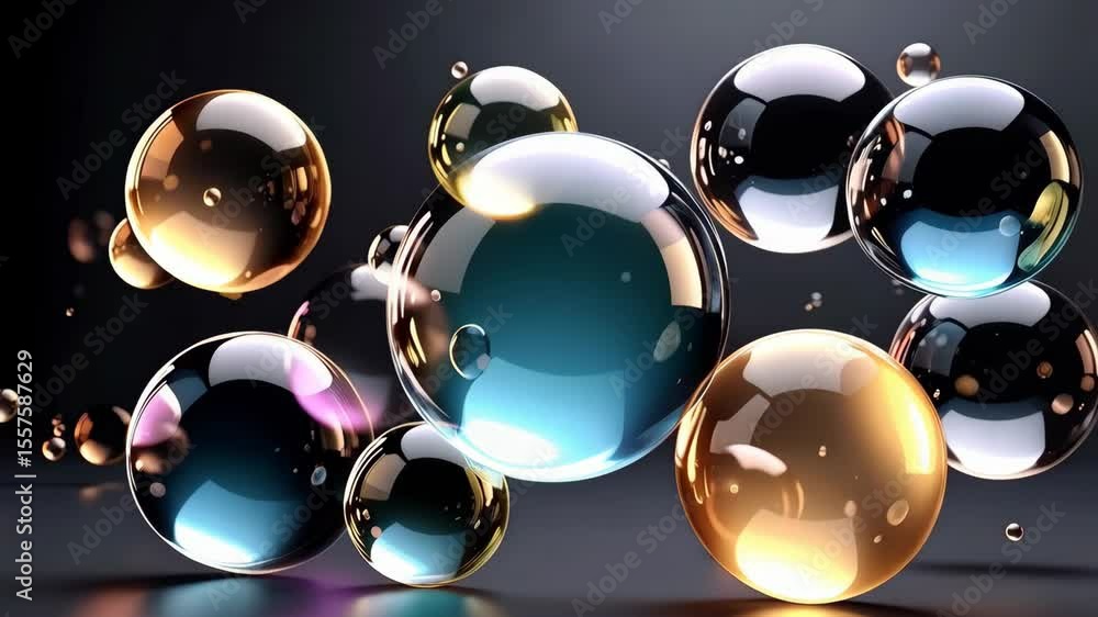 Poster scattering array of multiple shiny spheres with colorful reflections and refractions floating on a d