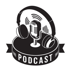 Podcast logo design with microphone and headphones vector black and white