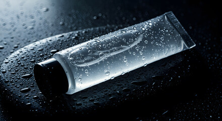 Transparent skincare tube glistening with droplets on a dark surface, representing freshness and purity in a minimalist aesthetic.