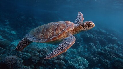 Obraz premium Sea turtle swims on reef