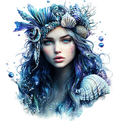 Ocean Nymph Digital Art of a Mystical Sea Maiden with Seashell Crown and Flowing Blue Hair on transparent Background