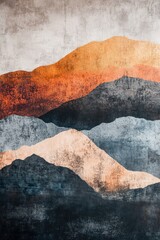 Abstract design echoing mountain peaks and flowing streams, blending bold textures and muted tones.