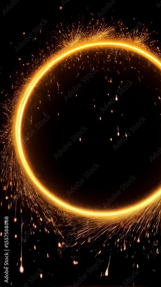 Poster sparkling light painting illuminates a dark background with an oval loop, showering light, and refle