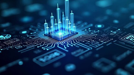 Central processing unit on circuit board with skyscrapers. Big data processing in city. Digital technology concept footage. - Powered by Adobe