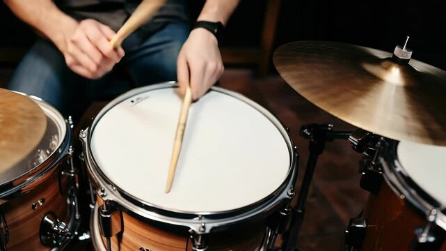 Close-up video shot of hands playing a drum set, capturing rhythmic motion. Dynamic angle emphasizes energy and musical passion.